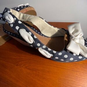 Sperry Top Sider Navy Blue/White Polka Dot Wedge Shoes With White Bow Design- N